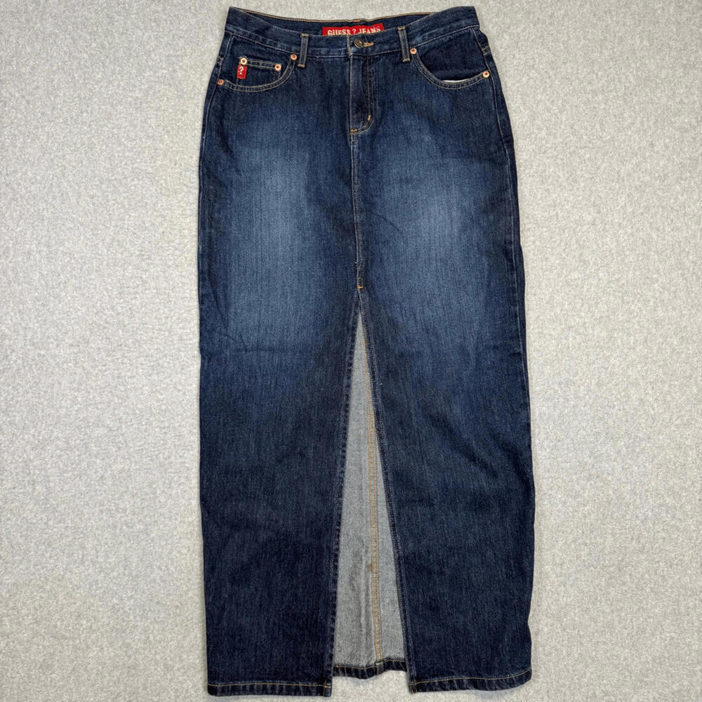 Vintage 90s Guess Women's Size 29 Dark Wash Blue A Line Slit Maxi Skirt Cotton